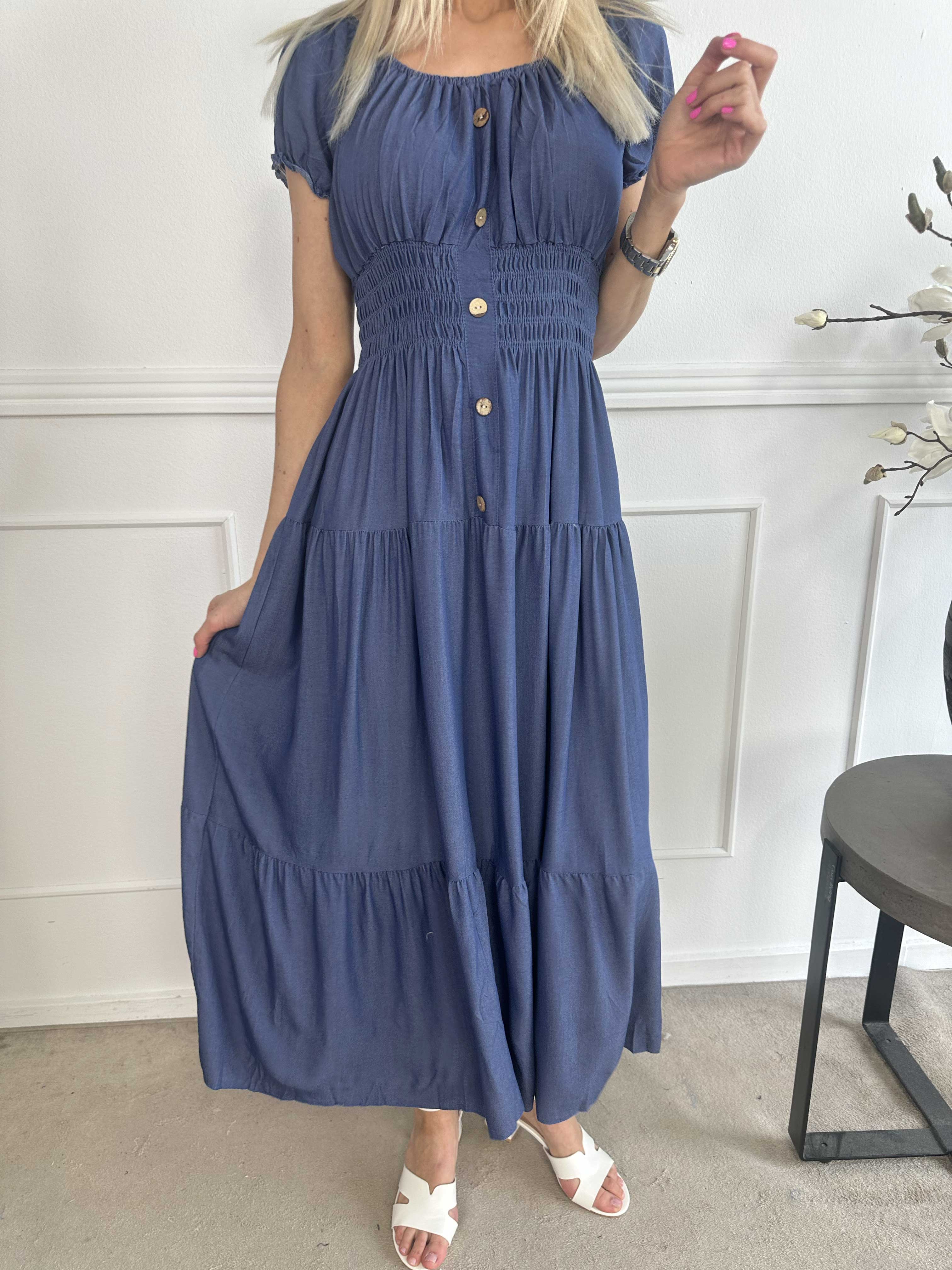 Alexina - Lang kjole i denimlook med elastik i taljen